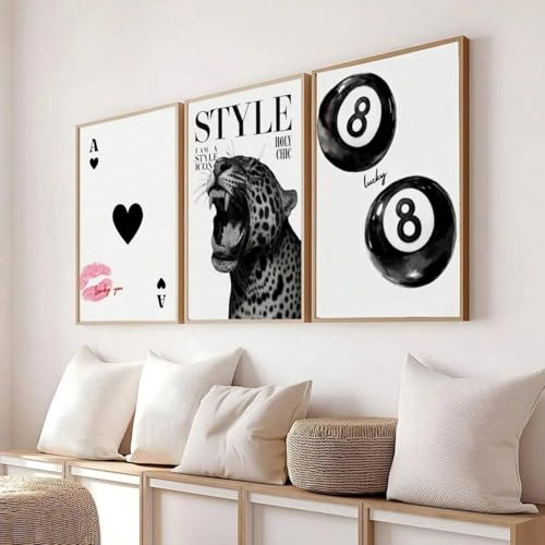 JORCEDI 3er Poster Set, Schwarz-Weiß Fashion Wandkunst Set, Rosa sexy Lippen, Lustiges Tierposter, für Wohnzimmer Schlafzimmer, Ohne Rahmen (30x40cm)