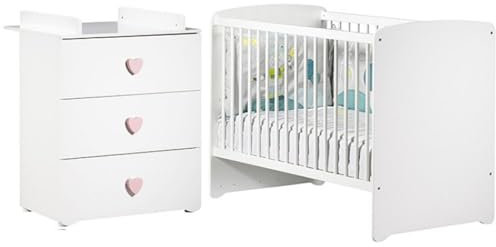 BabyPrice Duo Lit bébé 120x60 cm + Commode à Langer Boutons Coeur Rose Basic | Fabriqué en France by Sauthon