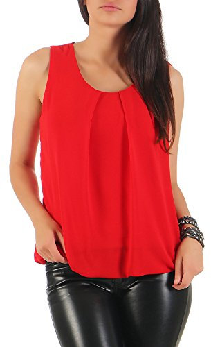Malito – Damen Bluse ärmellos – leichte Tunika ohne Ärmel – Elegante Schlupfbluse mit Rundhals – lockeres Blusenshirt für Frauen Leo Print und Uni 6879 - (Rot)