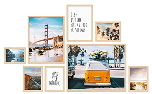 PHOTOLINI Bilderrahmen Set verschiedene Größen, 8 Bilderrahmen Holz MDF Natur, Bilder Rahmen mit Acrylglas, Bilderrahmenset zum Aufhängen, Fotorahmen Set mit Zubehör für Fotos & Poster