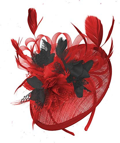Caprilite Red and Black Sinamay Disc Saucer Fascinator Hat for Women Weddings Headband