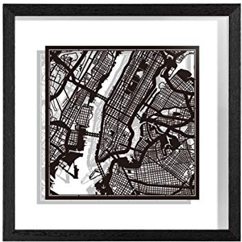 O3 DESIGN STUDIO New York Paper Cut Map framed, Black map, Black frame, 9x9 inches, Gift Boxed, 2 background color, self-changing, Paper Art