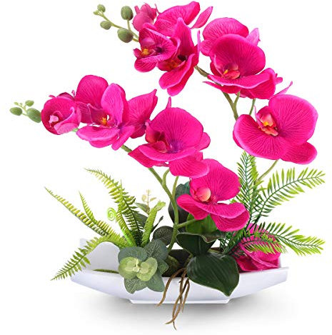 YOBANSA Dekorative künstliche Seidenorchidee, Bonsai, künstliche Blumen, Arrangements für Heimdekoration, Orchideen, künstliche Blumen, 41,9 cm, Orchidee mit Töpfen (Rosenrot)