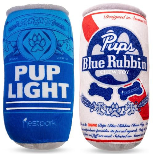 Nestpark Pup Light and Pups Blue Rubbin – Parodie Bier Hundespielzeug – lustiges Plüsch-Hundespielzeug, quietschendes und knisterndes Hundespielzeug, Geschenk für Hunde, Geburtstag, 2 Stück (Mix)