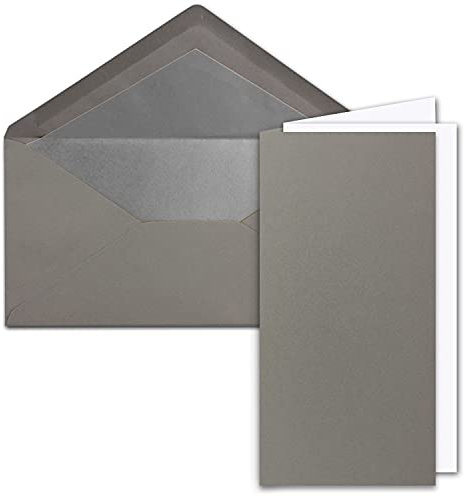 10x Faltkarten-Set DIN Lang inkl. Briefumschlägen mit silbernem Seidenfutter und weißen Einlegeblättern in Graphit (Grau) - 10,5 x 21 cm - für Einladungen und Grußkarten