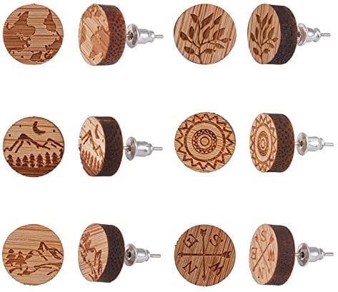 SUNNYCLUE 5 Paar 12mm Ohrstecker Set Holz Hölzerne Ohrringe Holz Ohrstecker aus Flache Runde Natürliche Charms Bulk Blumen Nektar Herz Für Schmuck Machen Kit Damen Schmuckzubehör Zubehör