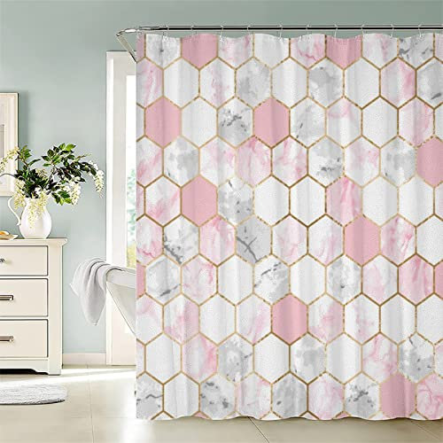 Aolity Marbre Rose Rideau de Douche 180 x 200 cm Rose Et Gris Rideau de Douche Antibactérien 3D Imprime Rideau Baignoire Drole Moderne Rideaux De Salle De Bain Hauteur 200