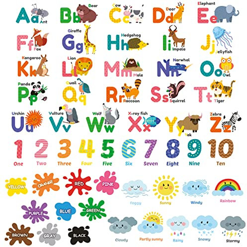 DECOWALL DS12-8070 Animal Alphabet Numbers Colour Weather Kids Wall Stickers Learning ABC 123 Decals Removable for Bedroom Classroom Nursery Educational Décor Decorations