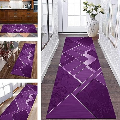 Teppich Läufer Lang Flur Küche rutschfest waschbar Küchenläufer Polyester 80X150CM Korridor Teppichläufer Violett Geometrisch Schlafzimmer Wohnzimmer Küchenteppich Meterware Teppichmatten Flurläufer
