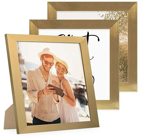 PHOTOLINI Bilderrahmen 20x20 cm Gold MDF-Holz, breite Rahmen, 3er Set, modern, bruchsicheres Acrylglas, zum Aufhängen & Aufstellen, extra Zubehör - für Ihre stilvolle Wanddekoration