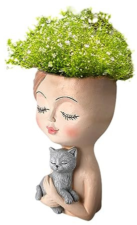 Fioriera per Testa, Fioriera per Testa di Vaso di Fiori, Faccia di Signora Carina Che Abbraccia un Gatto Vasi per Piante, Piccoli Vasi per Piante, Fioriere Succulente in(ragazza bianca con gatto)
