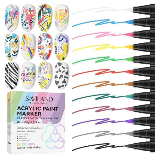 Saviland Nail Art Pens Quick Drying: 12 Colors Instant Painting Nail Polish Pen Color-fast Nail Pens Waterproof Dotting Tools Nail Art Charms Painting Nails Nail Tools Fine Tip DIY Manicure Beauty