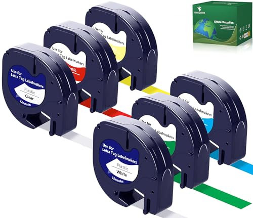 6x Yuanqimm Kompatibel für Dymo LetraTag Etikettenband 12mm x 4m 16951 91221 91222 91223 91224 91225 Bunt Bänder Plastik 12mm Schriftband, für Dymo Letra tag LT-100H 100T XR XM QX50 2000 200B