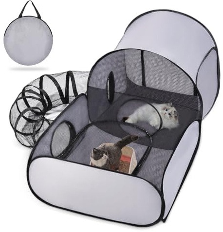 Tailtastic Dog Playpen with Surround Tunnel, Outdoor/Indoor Cat Playpen with Breathable Soft Sides,Tailtastic Cat Enclosure Tent for Small Animals, Portable Cat Tent with Carry Bag (Large)