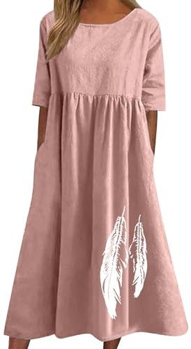 Zeiayuas Cotton Linen Dresses for Women T Shirts Summer Midi Dress Short Sleeve Round Neck Long Dress Ladies Beach Loose Solid Color Casual Dresses UK Plus Size 8-22