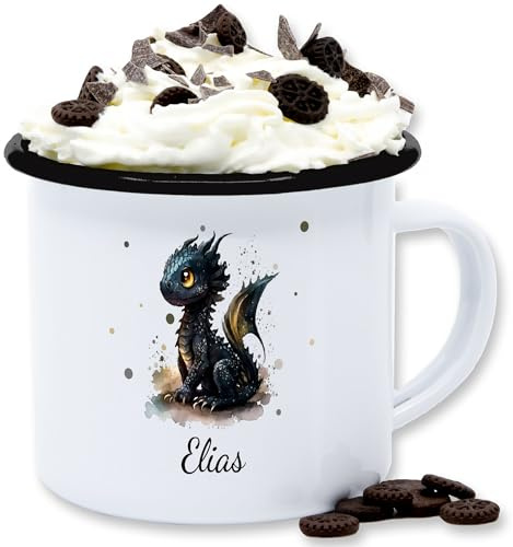Emaille Tasse Blechtasse - Süßer Kleiner Drache mit Namen I Nachtdrache I Dragon I Drachen I Drachenzähmen - 300 ml - Weiß Schwarz - dragons name becher drachenmotiv zähmen tassen und toothless