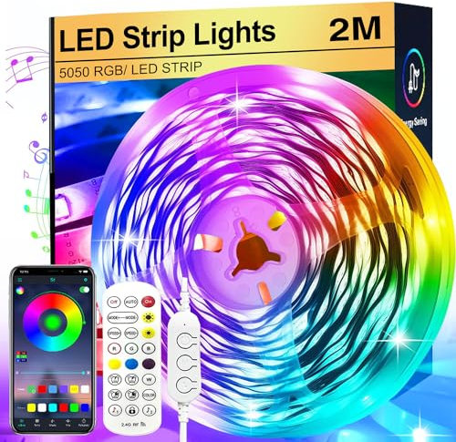 FOLAI 2M RGB Music Sync LED Strip Lights - Smart App Control Remote, Color Changing, Flexible Home Decoration for Bedroom Lighting, SHY-BT-03