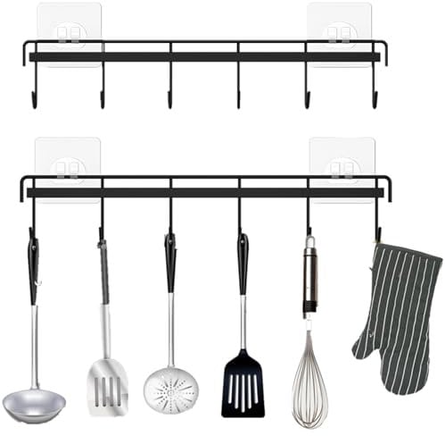 FULUDM Wall Utensil Hanger for Kitchen Rail - 2 Pack Wall Mounted Adhesive Hanging Holder Rack Organizer with 6 Hooks No Drilling (Black)