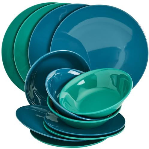 Tabletops Gallery - Set di stoviglie in melamina, 12 pezzi, piatti e ciotole, per uso interno ed esterno, servizio per 4, motivo tropicale