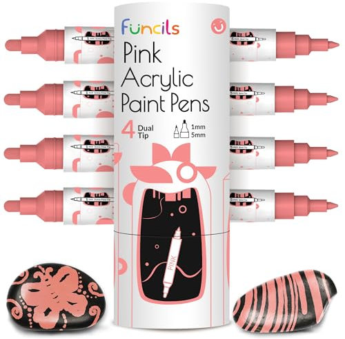 Funcils 4 pennarelli acrilici Rosa punta doppia da 1mm,5mm - per dipingere pietre, ceramica, vetro, legno, tessuti, metallo, stoffa, roccia, pneumatici.