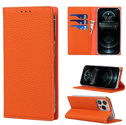 Cavor Phone Case Compatible for iPhone 13 Pro Max Cover,Genuine Leather Flip Wallet Case,[3 Card Holders][Magnetic Closure][RFID-Blocking][Lanyard] Protective Case - Orange