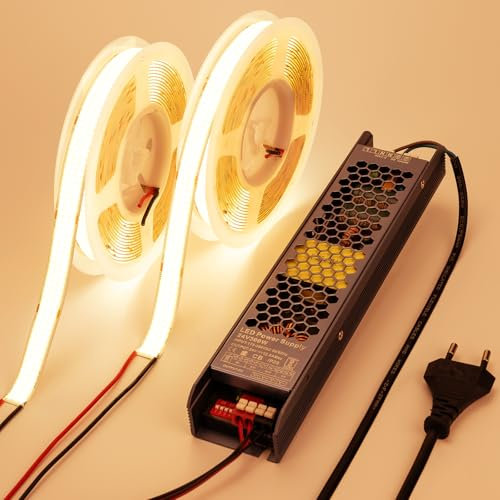 BENLUN 24V Large 15MM Ruban LED COB 10M (5M x 2), 3000K Blanc Chaud 25W/M 960LEDs/M 2750LM/M Bande LED, Alimentation Incluses, pour Décoration Maison, Commerce, Bureau, Gaming