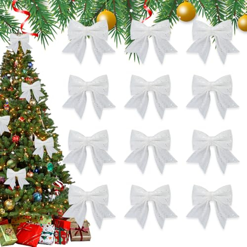 Casenly Schleifen Weihnachten, 12 Stück Weihnachtsschleifen Glitzer Weihnachtsbögen Weihnachtsbaum Schleifen Deko Zierschleifen für Weihnachtsbaumschmuck, Hochzeit, Party, Geschenkdekoration-Weiß