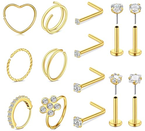 WillTen Double Nose Ring Set, Gold Flat Back Hoop, 20G 8mm L Shape Threadless Nose Stud