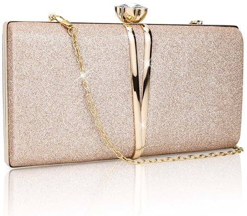Farcauo Damen Abendtasche kleine Clutch Hochzeit Handtasche Champagner Damen Kleine Schultertasche mit abnehmbarer Kette elegante Crossbody Tasche Glitter Abendtasche für Bankett und Party