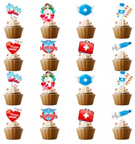 32 Stück Nurse Cupcake Toppers, Krankenpfleger Muffin Deko, Glitter medizinische Krankenschwester Thema Cupcake Dekorationen, Kuchen Dekoration für Partys mit Rn Krankenschwester Motto