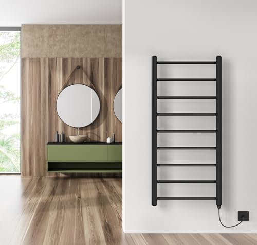 Rizona Designer Electric Towel Rails 500 x 1040 mm for Bathrooms | Chrome/Black | 400W Standard Element / 400 W Digital Thermostatic Element (Black 150W Standard Element)