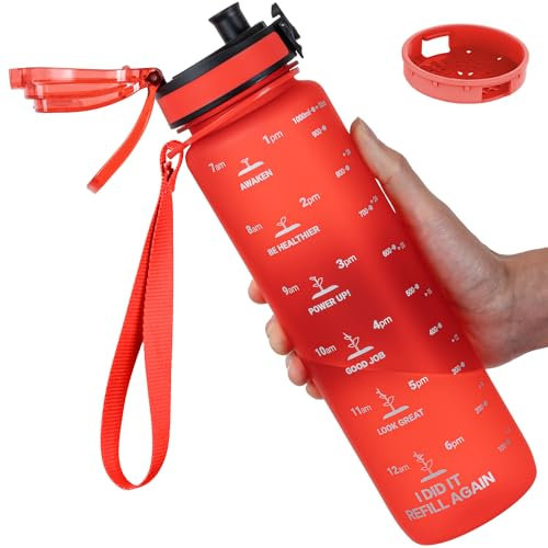 GOPPUS 1000ML/32OZ Tritan Water Bottle 1 Litre Leakproof Drink Bottle with Measurements Sport Bottles with Lockable Flip Top Motivational Bottles with Time Marks for School Adults Cycling Men Women