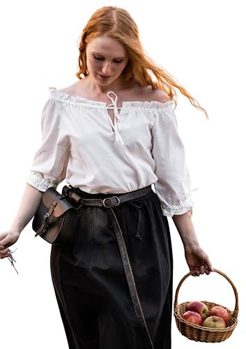 Leonardo Carbone® Damen Bluse Mittelalter Kurzarmbluse Sandra | Verstellbarer Kordelzug | Elegante Spitzenverzierung | Karneval, Halloween, Cosplay, LARP, Tunika, Hemd | 100% Baumwolle Natur XL