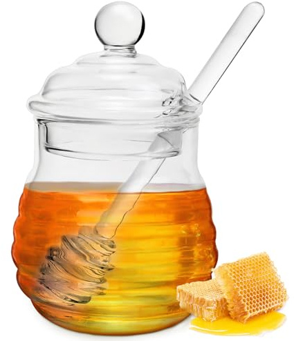 WPPQWP 300ml Honigspender, Honigglas mit Honiglöffel, Versiegelter Honigtopf, Honigglas aus Glas für Sirup Bienenstock Küche Speicherung