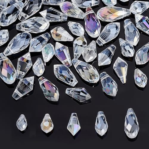 AHANDMAKER 50Pcs Faceted Teardrop Crystal Beads, 5 Sizes Clear Teardrop Glass Beads, Top Drilled Crystal Waterdrop Loose Beads for DIY Crafts Jewelry Making Chandelier Suncatcher Home Decor