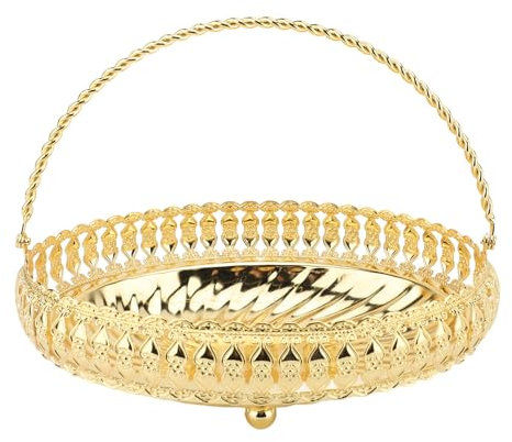 Vassoio da Portata con Manici Dorati, Rotonda per Frutta Secca Color Oro, Piatto da Portata per Snack, Antipasti, Caramelle, Bevande