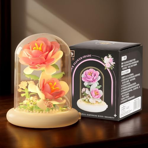 Flower Bouquet Building Kit Age 4+ with LED Lighting - Pink Rose Botanical Collection Building Blocks Set, Mini Bricks with Cover, Birthday for Adults, Girlfriend, Wife, Women