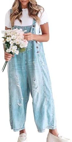 Sukany Women's Vintage Casual Denim Jean Overalls Loose Distressed Bib Dungarees Adjustable Baggy Harem Romper Jumpsuit Pants Light Blue L