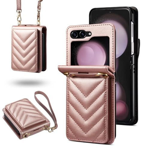 YLTPHD Custodia a portafoglio per cellulare per Samsung Galaxy Z Flip 5 Flip4 Flip 3 4 Flip5 Flip6 Custodia in pelle con carta, rosa, per Samsung Z Flip 4