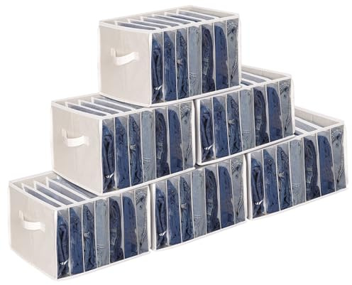 Syeeiex 6 Stück Große Hosen Kleiderschrank Organizer, 42 x 30 x 25 cm, 7 Fächer Klare Fenster Schubladen ordnungssystem Kleiderschrank Aufbewahrungsboxen für Jeans, T-Shirts, Hosen, Kleidungen, Beige