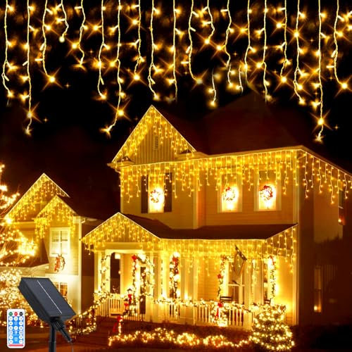 Solare Eiszapfen Lichter, 8M Wasserdicht Eiszapfen Lichterkette, 288LEDs Außen Solar Lichterkette mit 8 Modi Fernbedienung, Weihnachtsbeleuchtung für Hof Garten Party Hochzeit Christmas Dekorationen