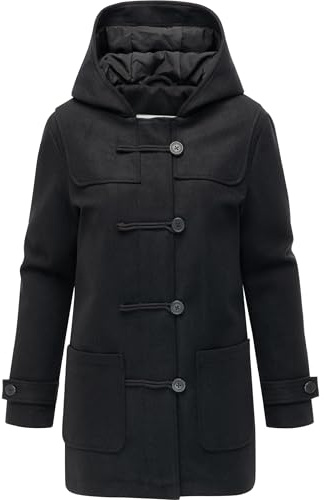 Ragwear Cappotto invernale da donna, leggero, corto, effetto lana, con chiusura lampo e bottoni, in stile Duffle, parka Duffina YOUMODO XS-3XL, Nero , L