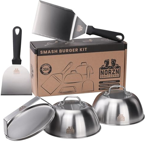 Norzn Brothers® Kit Smash Burger – Smasher à Hamburger, 2 Cloches avec Fenêtre Transparente, Spatule Plancha et Spatule Auxiliaire. Acier Inoxydable 304, Certifié Contact Alimentaire, Garantie 10 Ans