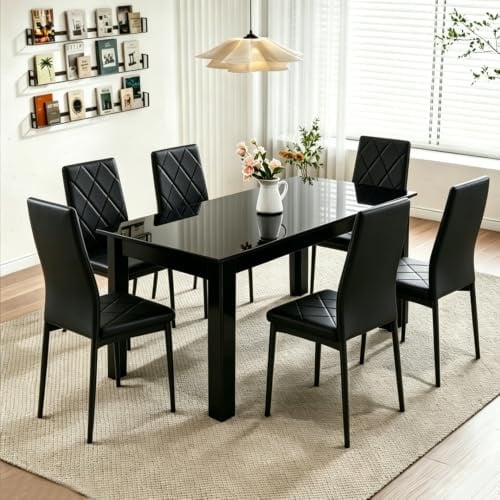 Homullel 7 Piece Dining Room Table and Chairs Set for Dining Room Kitchen, Modern Black High Gloss Dining Table with 6 Black Leather Chairs for Family Dinner Set Space Saving