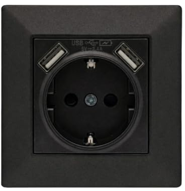 Jandei - Prise Schuko 2P+T 16 A avec 2 USB 5 V 2,1 A, décoration murale intérieure, facile à installer, avec cadre et mécanisme, polycarbonate noir