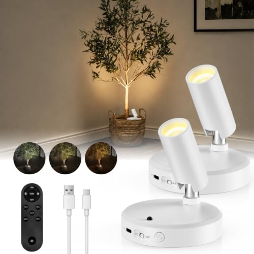 EZVALO 5500mAh Rechargeable Spot Lights Indoor, Wireless LED Spotlight | Plant, Picture, Art & Display Lighting, Battery Operated, Stick-On, Remote & Timer, Dimmable, 3 CCT, Uplighting Effect, White