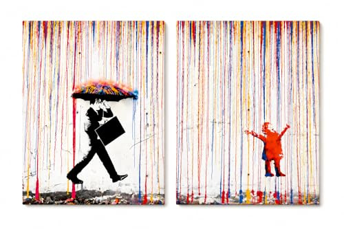 Genérico Banksy Design bunter Regen – Leinwand Diptychon 40 x 25 cm | 2-teiliges dekoratives Bild auf Baumwoll-Leinwand und Holzrahmen | Urban Art für Wohnzimmer, Eingangsbereich oder Büro