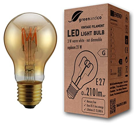 greenandco Vintage Glühfaden LED Lampe | gold | E27 A60 | 3W 210lm | 2000K extra warmweiß | 360° | 230V | flimmerfrei | nicht dimmbar