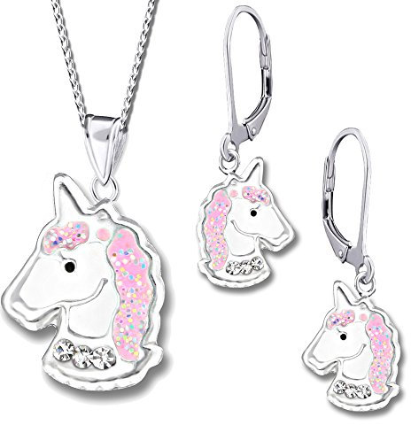 Mädchen Pferde Set Halskette mit Anhänger Ohrhänger echt 925 Sterling Silber mit Zirkonia Ohrringe Einhorn Brisur K232+K237 40cm