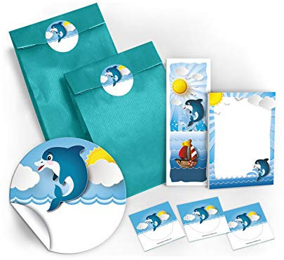 Mitgebsel Kindergeburtstag 12 Geschenktüten + 12 Aufkleber + 12 Lesezeichen + 12 Mini-Notizblöcke Delfin/Gastgeschenk für Kinder Mädchen Jungen Jungs Geburtstag Party-Zubehör Giveaways Tiere